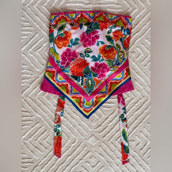 Caché Y2K Silk Scarf/Handkerchief Print Strapless Top Floral Bandana Hem - Picture 14 of 16